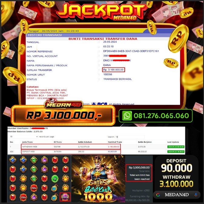 BUKTI JP MEDAN4D – 26 MEI 2024 – GATES OF GATOT KACA X1000